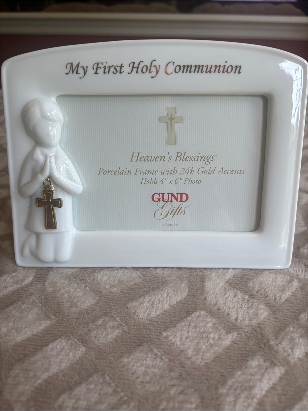GUND White Porcelain First Holy Communion Frame with Gold Cross Accent